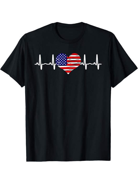 Heartbeat EKG Pulse USA Flag Red Blue Love Heart Graphic T-Shirt