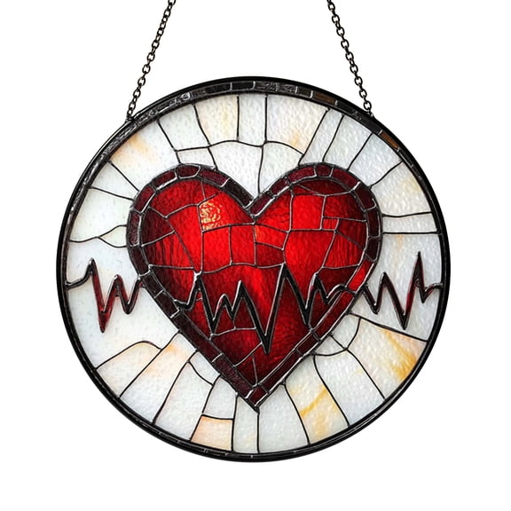 Heartbeat Heart Glass Suncatcher Window Decor, Red Mosaic Hanging Ornament for Home
