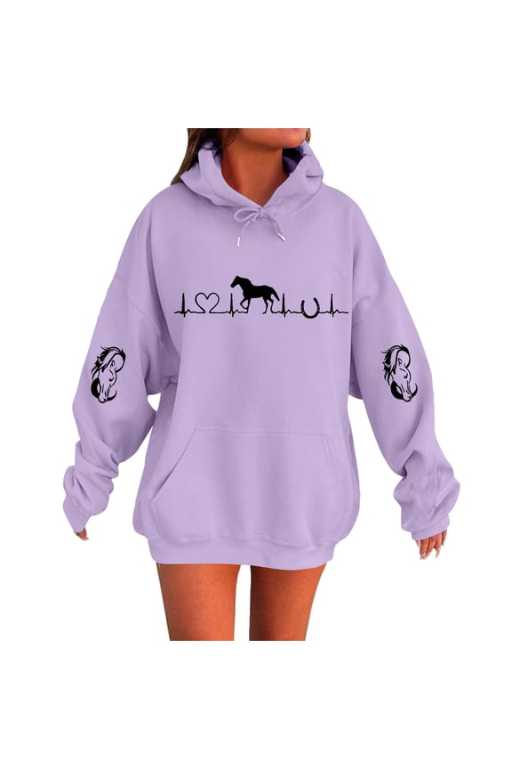 Heartbeat Horse Sweatshirt Hoodie Womens Cute Western Horses Printed Pullover Hoodie Fall Long Sleeve Sports Tops