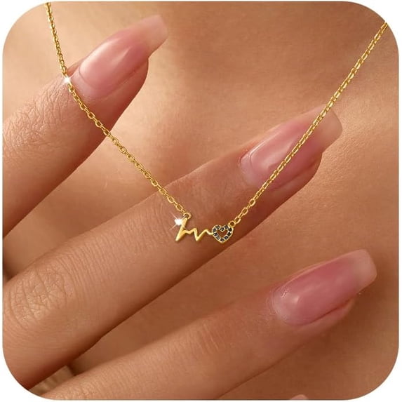Heartbeat Lifeline Pendant Necklace for Women 925 Sterling Silver 14K Gold Plated Cute Blue Love Heart CZ Life Line Charm Chain Pulse Jewelry Wedding Halloween Birthday Jewelry Gifts for Her