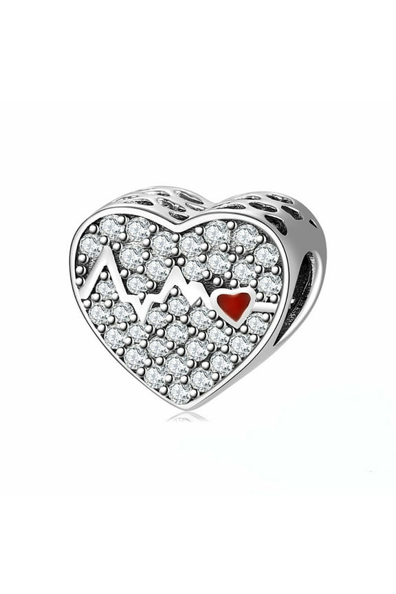 Heartbeat Love Heart Bead Charm Clear Cubic Zirconia Sterling Silver Womens Ginger Lyne Collection