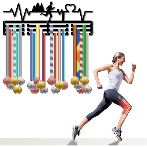 Heartbeat Medal Holder Hangers Medal Display Rack Organizer Metal Iron Run Medal Shelf Frame Ribbon Display Hanger Wall Mounted with 12 Hook for Race Athlete Sports Black 15.7 x 6Inch DIY