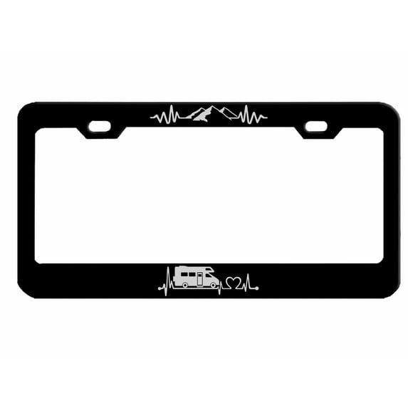 Heartbeat Mountain Trailer Camping Style Heavy Duty Metal License Plate Frame Personalised/Car Accessories Car Tag Holder Cover (Black/Silver)