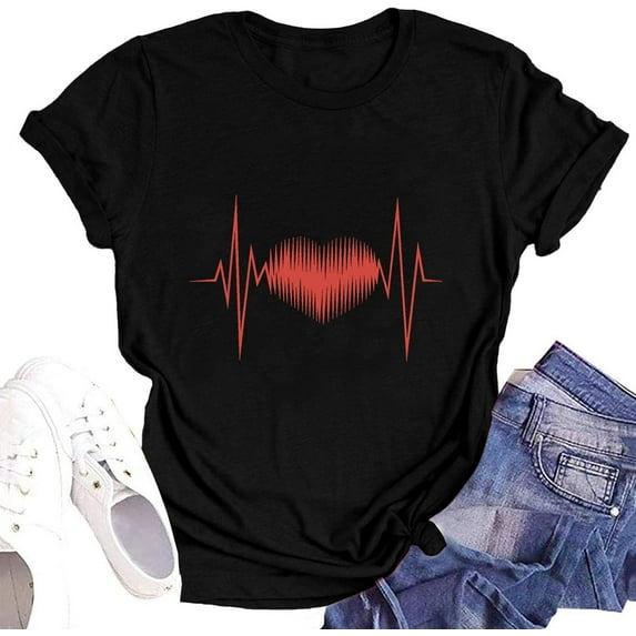 Heartbeat T-Shirt Women's Valentines Day Shirts Cute Heart Graphic Short Sleeve Tees Fashion Casual Shirt Tops
