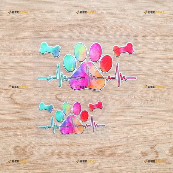 Heartbeat Through Dog Paw Print Bone Love Sticker Decal Vinyl - 2 Pack Reflective, 4 Inches, 6 Inches - for Car Boat Laptop Cup