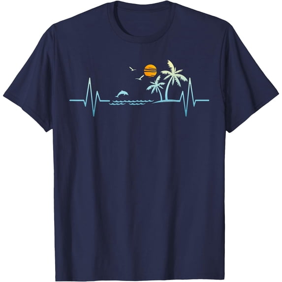 Heartbeat With Tropical Palm Trees Beach Island Sunset Unisex T-Shirt for Men Women Kids Toddler,Navy Color,Size 2T