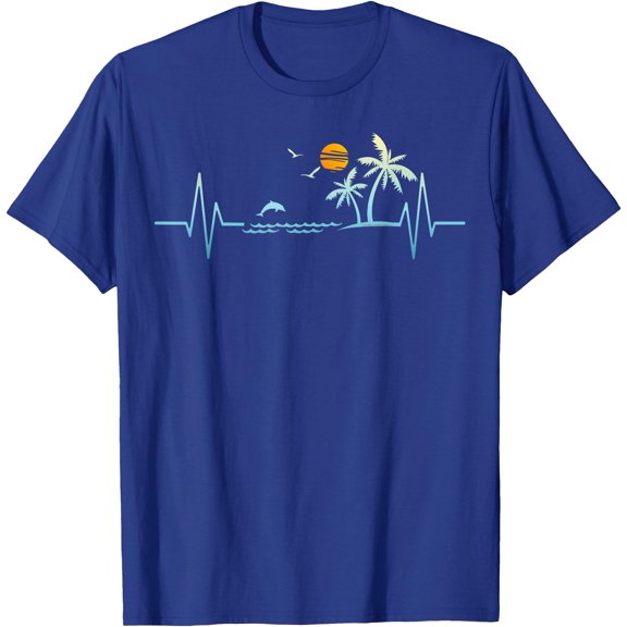Heartbeat With Tropical Palm Trees Beach Island Sunset Unisex T-Shirt for Men Women Kids Toddler,Royal Blue Color,Size YS