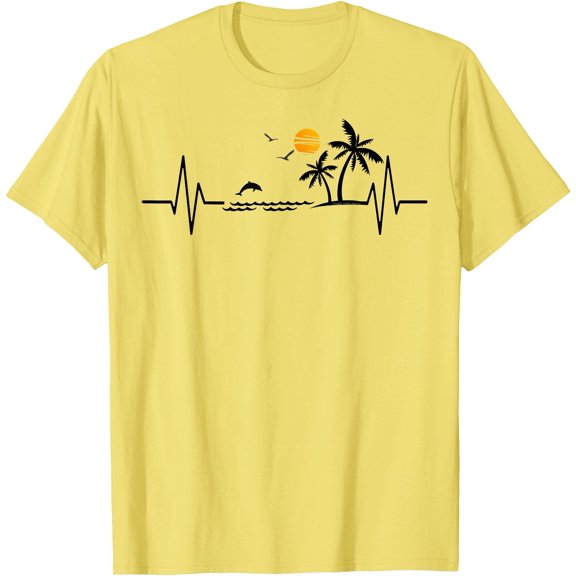 Heartbeat with Tropical Palm Trees Beach Island and Dolphin Unisex T-Shirt for Men Women Kids Toddler,Cornsilk Color,Size YS