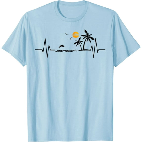 Heartbeat with Tropical Palm Trees Beach Island and Dolphin Unisex T-Shirt for Men Women Kids Toddler,Light Blue Color,Size 4XL