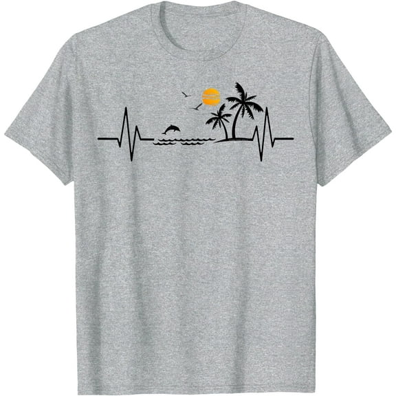 Heartbeat with Tropical Palm Trees Beach Island and Dolphin Unisex T-Shirt for Men Women Kids Toddler