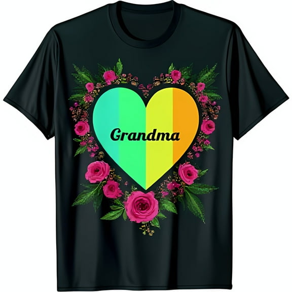 Heartfelt Black T-Shirt for Grandma with Colorful Heart & Floral Design