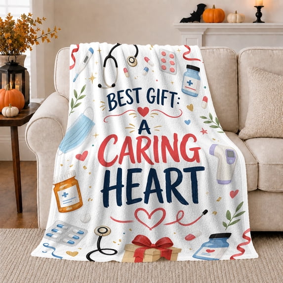 Heartfelt Caring Heart Medical Appreciation Design Thank You, Cozy Typography Art Scene, Warm Flannel Blanket for Living Room and Reading Nook, Art Lovers Appreciation Gift, Artistic Home Decor