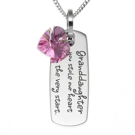 Heartfelt Engraved "Granddaughter, You Stole My Heart" Pendant Necklace with Pink Cubic Zirconia