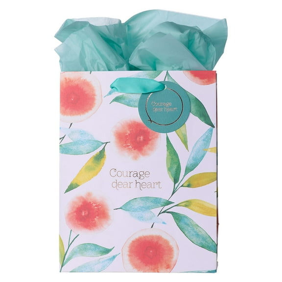 Heartfelt Gift Bag Set w/Tissue Paper Courage Dear Heart Floral Design, Orange Blossoms, Medium, for Birthday's, Mother's Day, Easter, Bridal Showers, Graduation, All Occasion