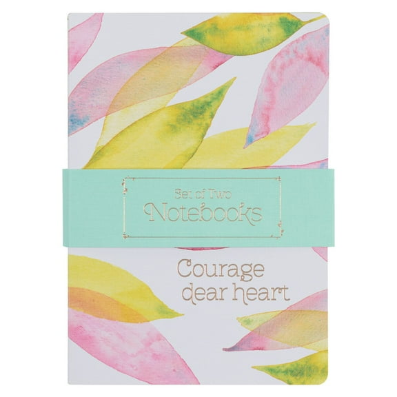 Heartfelt Inspirational 2 Piece Softcover Slim Notebook Set for Women, Floral Watercolor Courage Dear Heart Lime Green/Citrus Leaves, Lined Pages