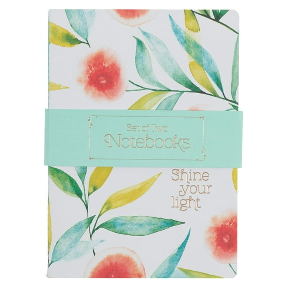 Heartfelt Inspirational 2 Piece Softcover Slim Notebook Set for Women, Floral Watercolor Shine Your Light Teal/Orange Blossoms, Lined Pages