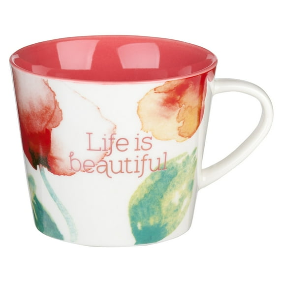 Heartfelt Inspirational Coffee/Tea Mug for Women, Life is Beautiful, Unique Coral Poppies Watercolor Flower Design, 10oz