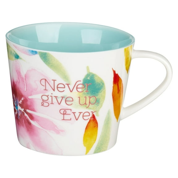 Heartfelt Inspirational Coffee/Tea Mug for Women, Never Give Up Ever, Unique Beautiful Teal/Pink Daisies Watercolor Flower Design, 10oz