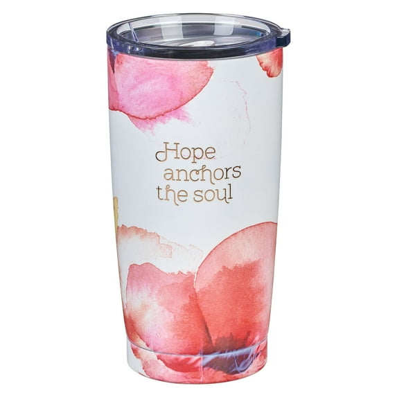 Heartfelt Insulated Travel Mug Hope Anchors the Soul, Coral Poppies, Stainless Steel
