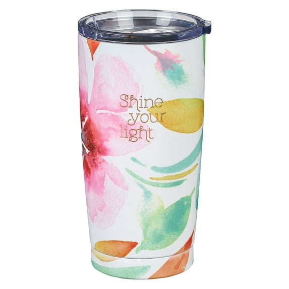 Heartfelt Insulated Travel Mug Shine Your Light, Pink Daisies, Stainless Steel