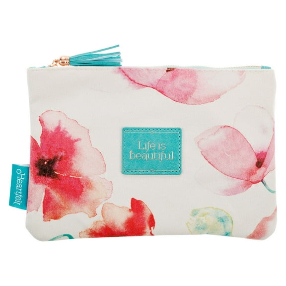 Heartfelt Multi Purpose Watercolor Canvas Zipped Travel Pouch Makeup Bag and Minimalist Organizer for Cosmetics, Supplies and Toiletries Life is Beautiful, Coral Pink Poppies