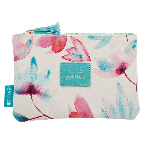 Heartfelt Multi Purpose Watercolor Canvas Zipped Travel Pouch Makeup Bag and Minimalist Organizer for Cosmetics, Supplies, Toiletries Youve Got This, Pink and Teal Petals