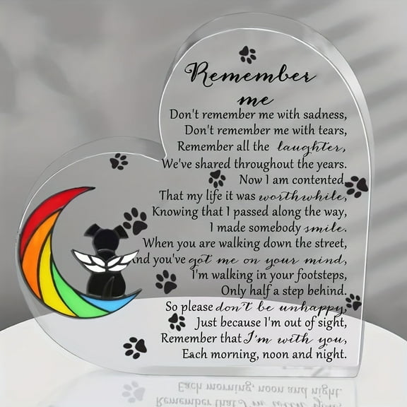 Heartfelt Pet Loss Sympathy Gift - Acrylic Heart Memorial Keepsake With Rainbow & Paw Print Design For Dogs And Cats "Remember Me" Poem Engraved