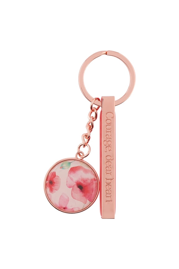 Women's Keychain, Rose Gold Metal w/Floral Coral Poppies Pastel Watercolor Flower Art Design Courage Dear Heart Engraved Inspirational Quote Accessory for Her, Split Ring, Keepsake Tin