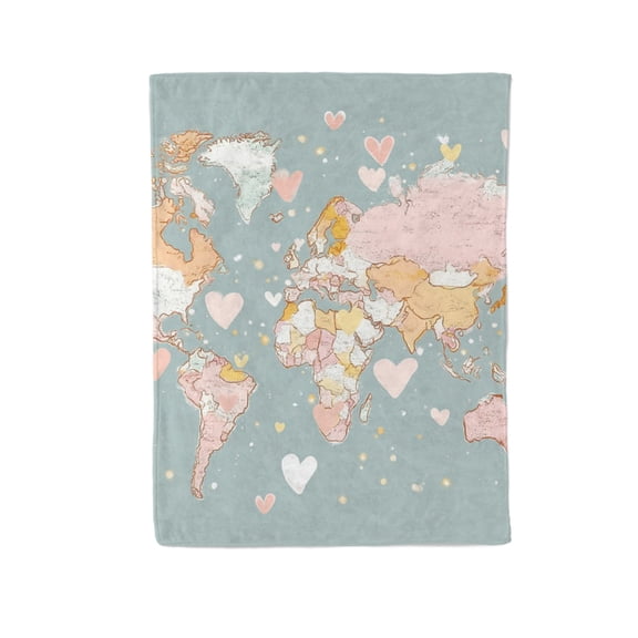 Heartfelt World Map Art Lightweight Flannel Printed Blanket - Ultra Soft & Warm, All-Season Cozy Plush for Couch, Bed, Office, Camping Nap - Perfect Decorative Gift