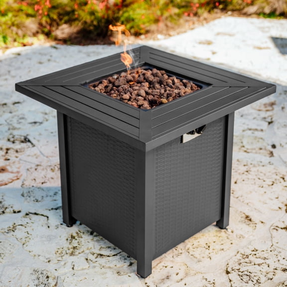 Hearth & HArbors 28” Propane Fire Pit Table for Outside with Lava Rocks, Weatherproof Protective Cover and Electronic Ignition, Gray