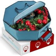 Hearth & Harbor 24" Christmas Wreath Storage Container with Interior Pockets and Dual Zippers, Blue