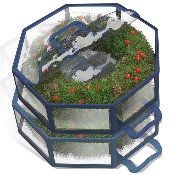 Hearth & Harbor 24" Christmas Wreath Storage Container with Interior Pockets and Dual Zippers, Set of 2, Clear