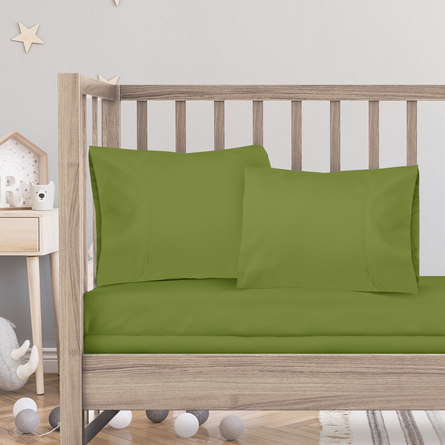 Hearth & Harbor 3 Piece Toddler Bed Sheet Set - Silky Soft Solid Microfiber Crib Sheets, Hypoallergenic, Cool & Breathable - Includes Fitted Sheet 28"x52", Flat Sheet 45"x60" and 14”x19” Pillowcase - Calla Green