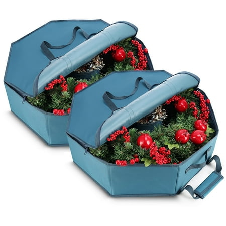 Hearth & Harbor 30" Christmas Wreath Storage Container with Interior Pockets and Dual Zippers, 2-Pack, Blue