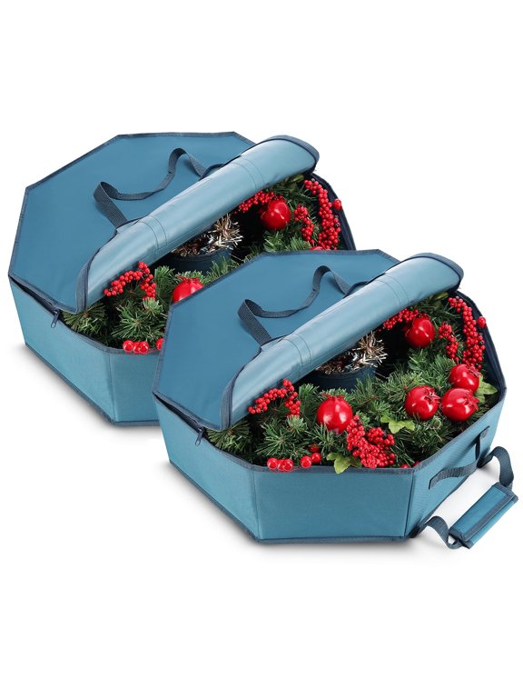30" Christmas Wreath Storage Container with Interior Pockets and Dual Zippers, 2-Pack, Blue