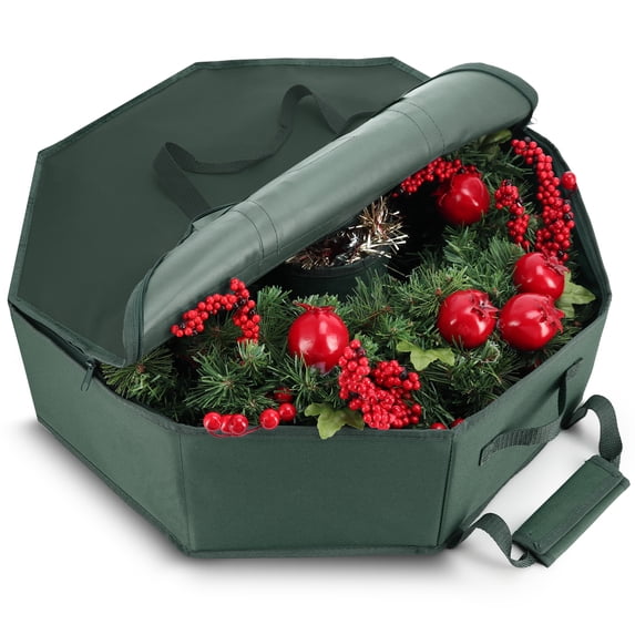 Hearth & Harbor 30" Christmas Wreath Storage Container with Interior Pockets and Dual Zippers, Green