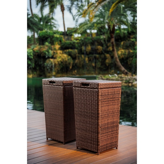 Hearth & Harbor 35 Gallon Outdoor Trash Can with Lid, Hideaway Wicker Rattan Garbage Can, Brown, 2 Pack