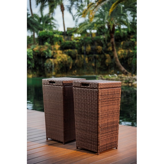 Hearth & Harbor 35 Gallon Outdoor Trash Can with Lid, Hideaway Wicker Rattan Garbage Can, Brown, 2 Pack