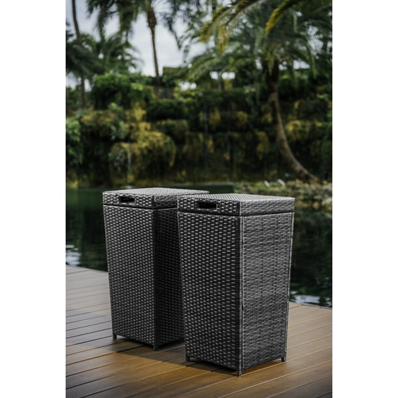 Hearth & Harbor 35 Gallon Outdoor Trash Can with Lid, Hideaway Wicker Rattan Garbage Can, Gray, 2 Pack