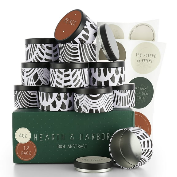 Hearth & Harbor 4 Oz, 12 Pack Black And White Abstract DIY Candle Containers with Lids - Tin Candle Jars for Making Candles - Metal Candle Jars - Bulk Tins Storage for Candle
