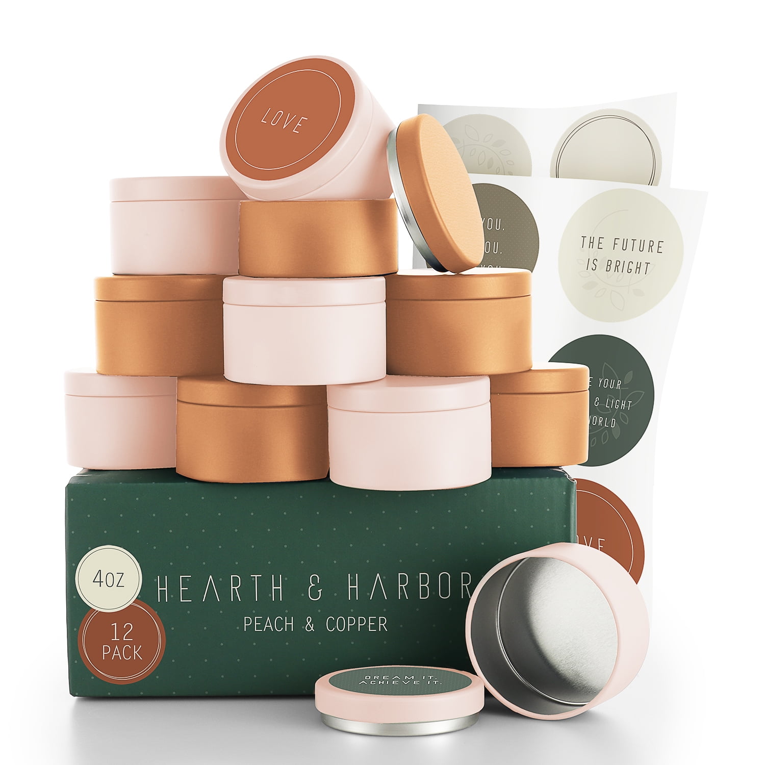 Hearth & Harbor 4 Oz, 12 Pack Peach and Copper DIY Candle Containers with Lids - Tin Candle Jars for Making Candles - Metal Candle Jars - Bulk Tins Storage for Candle - Solid