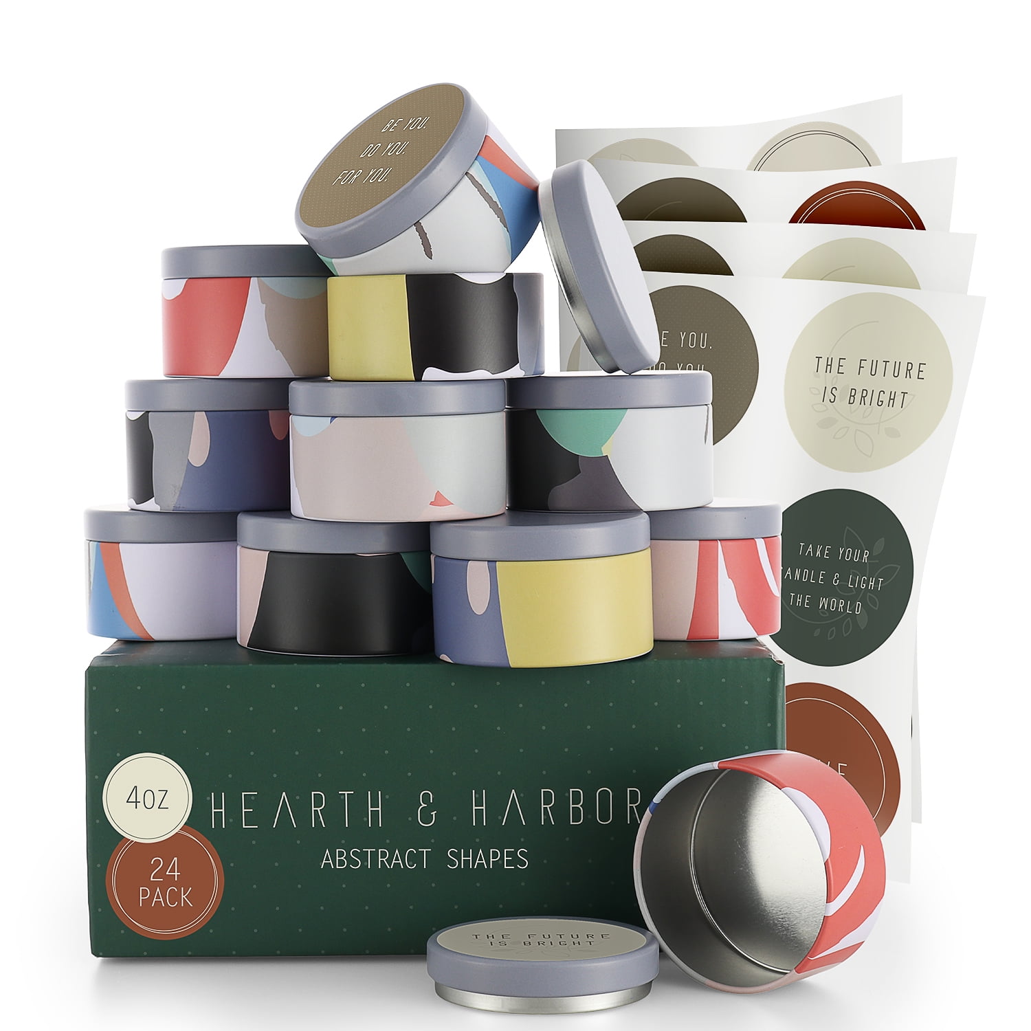 Hearth & Harbor 4 Oz, 24 Pack Abstract Shapes DIY Candle Containers with Lids - Tin Candle Jars for Making Candles - Metal Candle Jars - Bulk Tins Storage for Candle