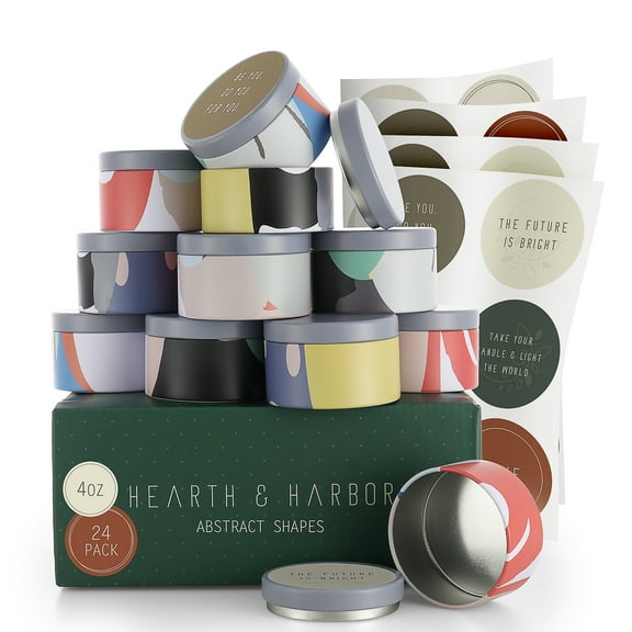 Hearth & Harbor 4 Oz, 24 Pack Abstract Shapes DIY Candle Containers with Lids - Tin Candle Jars for Making Candles - Metal Candle Jars - Bulk Tins Storage for Candle