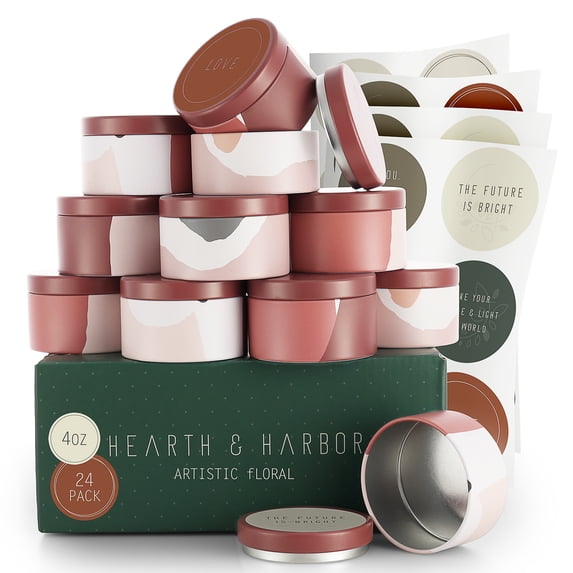 Hearth & Harbor 4 Oz, 24 Pack Artistic Floral DIY Candle Containers with Lids - Tin Candle Jars for Making Candles - Metal Candle Jars - Bulk Tins Storage for Candle