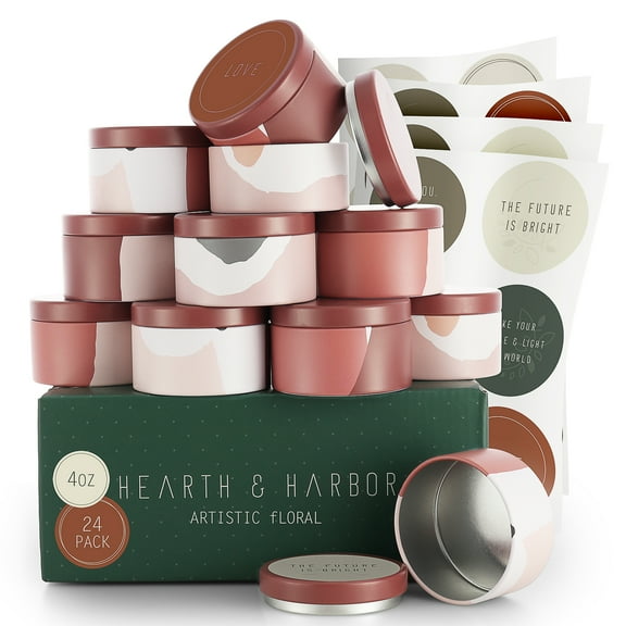 Hearth & Harbor 4 Oz, 24 Pack Artistic Floral DIY Candle Containers with Lids - Tin Candle Jars for Making Candles - Metal Candle Jars - Bulk Tins Storage for Candle