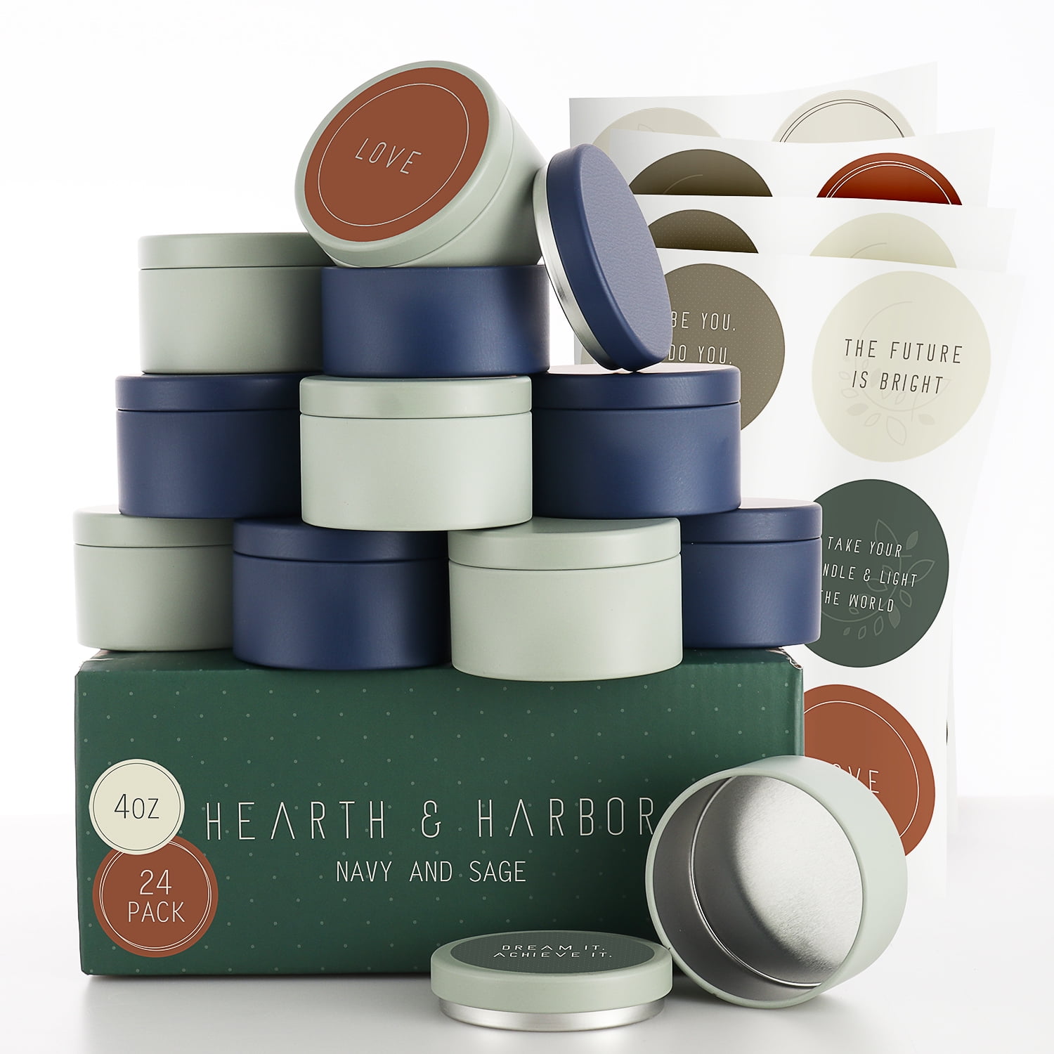 Hearth & Harbor 4 Oz, 24 Pack Navy and Sage DIY Candle Containers with Lids - Tin Candle Jars for Making Candles - Metal Candle Jars - Bulk Tins Storage for Candle - Solid