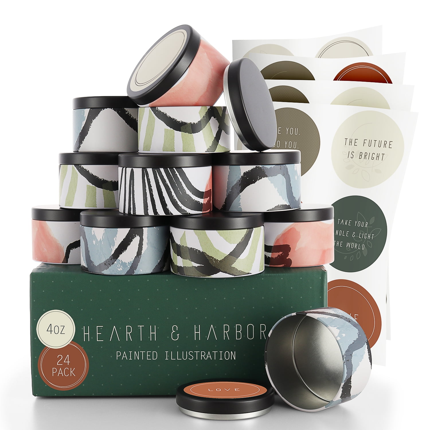 Hearth & Harbor 4 Oz, 24 Pack Painted Illustration DIY Candle Containers with Lids - Tin Candle Jars for Making Candles - Metal Candle Jars - Bulk Tins Storage for Candle