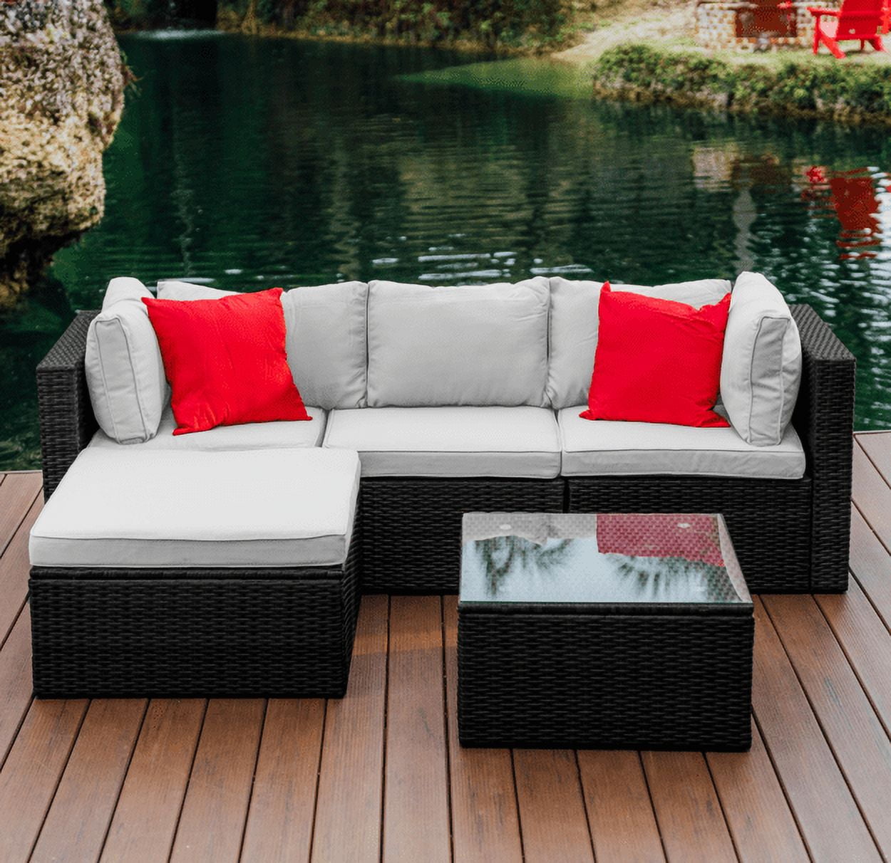 Hearth & Harbor 5-Piece Outdoor Furniture Sets, Wicker Sectional Patio Set, Black/Off White