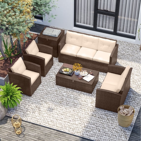 Hearth & Harbor 6-Piece Outdoor Patio Furniture Set with Storage Table, Wicker Patio Conversation Set Brown/Beige
