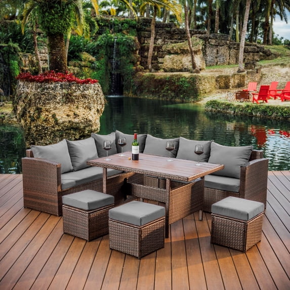 Hearth & Harbor 7 Piece Outdoor Furniture Set, Wicker Outdoor Sectional Dining Set with 10 Seats and Patio Table, Brown with Gray Cushions